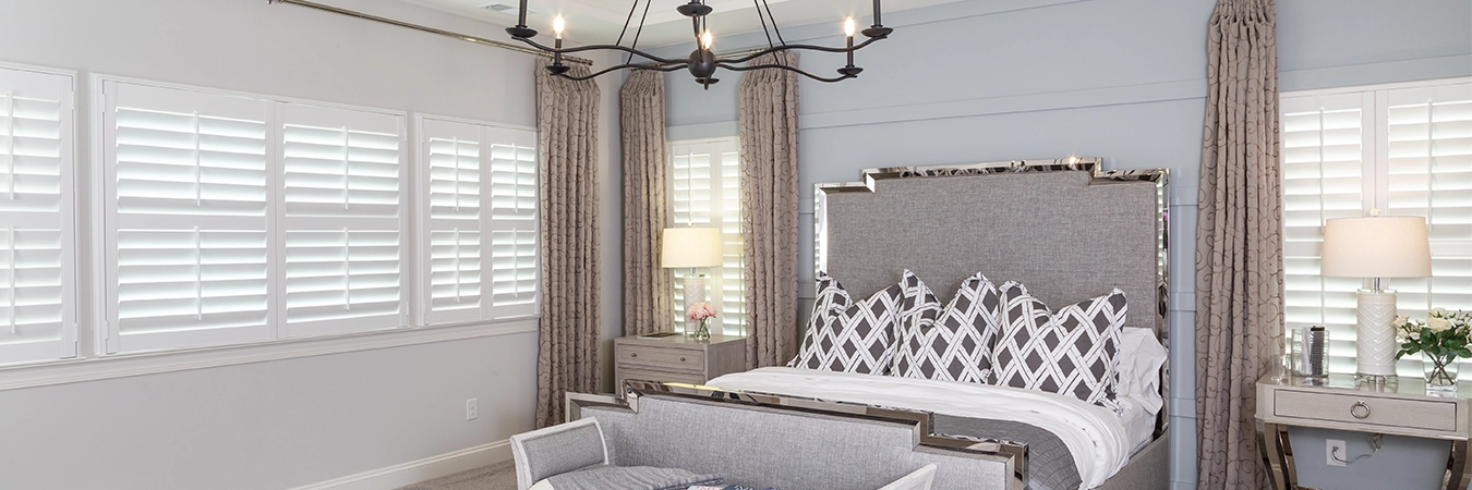 white shutter gray bedroom